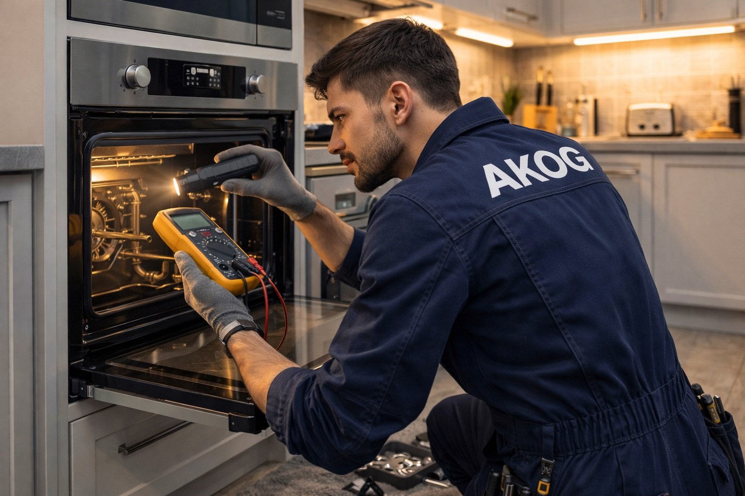Technician troubleshooting and repairing Oven Repair